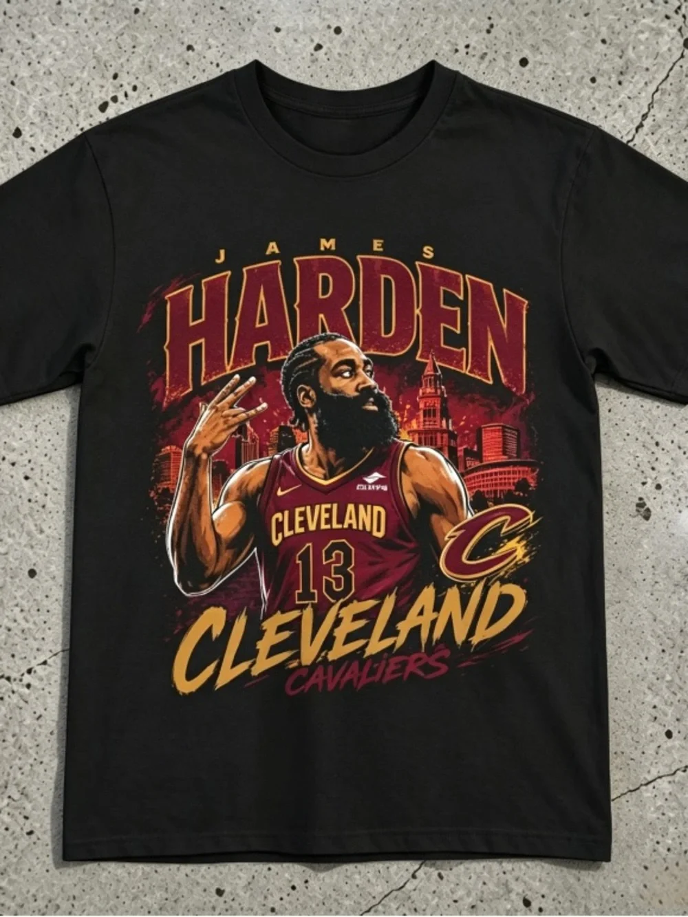 Cleveland Cavaliers No. 13 James Harden City Night Portrait Black T-shirt